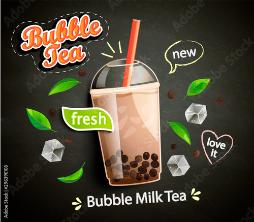 Bubble milk tea in cup with delicious tapioca, mint leaves and ice cubes with place for text and brand on chalkboard background. Great for flyers, posters, cards. Vector illustration.