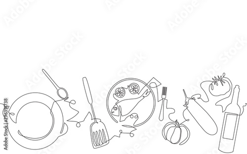 Background with Utensils and Food. Cooking Pattern. Vector illustration.