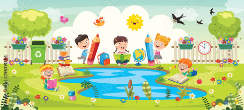 Little School Children Studying At Park