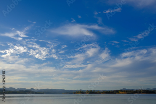 Blue sky with some white clouds over a lake