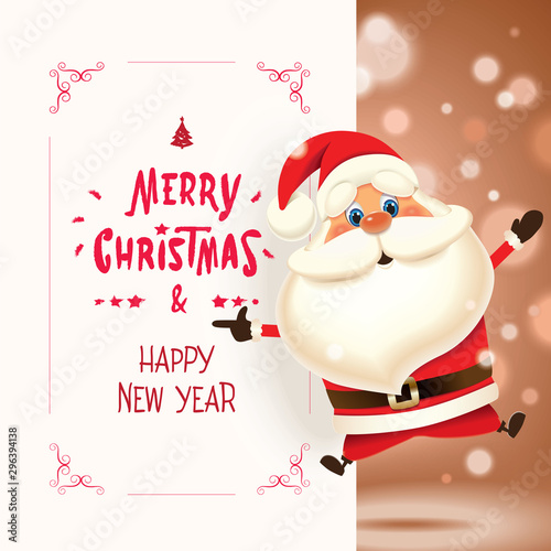 Santa Claus jumping and showing on a retro textual signboard isolated on a ocher sparkle background,Christmas greeting card