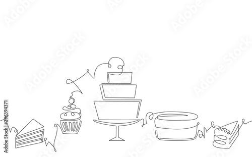 Seamless Pattern with Cakes.  Continuous drawing style. Background with Sweets. 