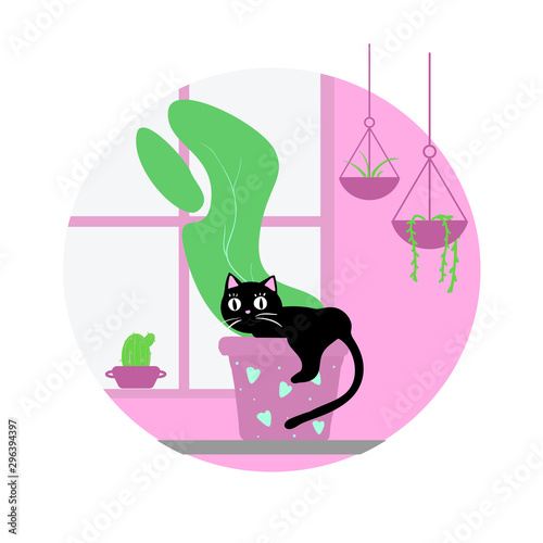 Naughty cat at home. Cat climbs into a plant pot.  Disobedient cat. Doodle on white background. Funny cartoon illustration.