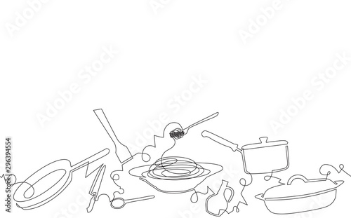 Background with Utensils. Cooking Horizontal Pattern. Spaghetti in plate. Vector illustration.