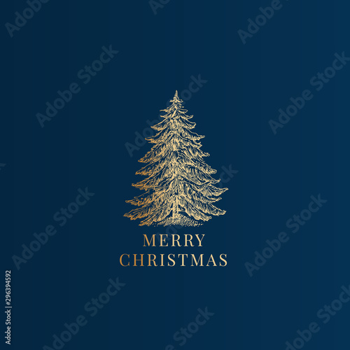 Merry Christmas Abstract Vector Classy Label, Sign or Card Template. Hand Drawn Golden Pine Tree Sketch Illustration with Vintage Typography. Premium Blue Background