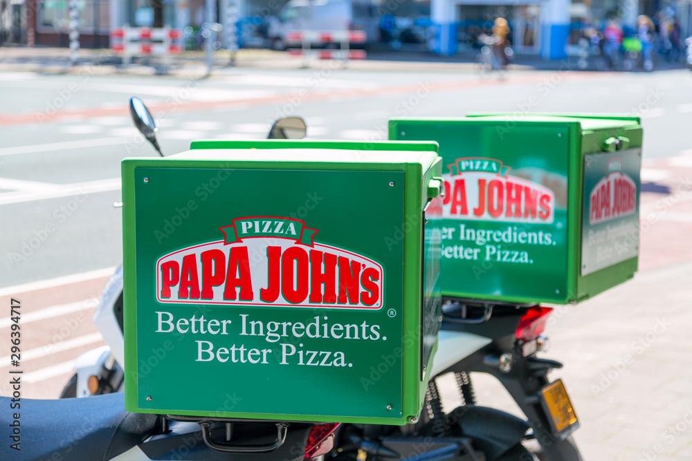 Amsterdam, Netherlands May, 2018 A closeup of the Papa Johns Pizza