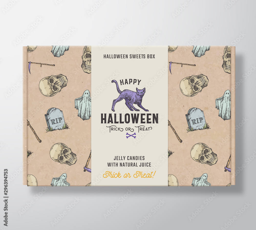 Halloween Sweets Pattern Realistic Cardboard Box with Banner. Abstract Vector Packaging Design or Label. Hand Drawn Ghost, Scull, Tomb, Scythe, Cat Sketches. Craft Paper Background Layout.