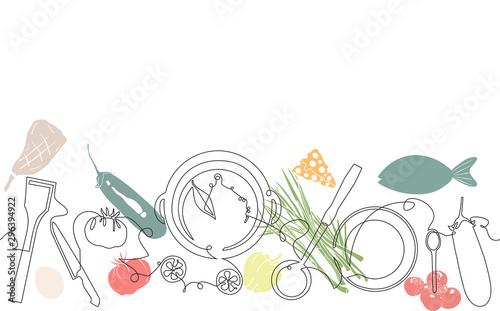 Background with Utensils and Food. Cooking Pattern. Vector illustration.
