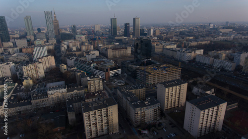 Warsaw Poland .04. December. 2018. skyline with urban skyscrapers at sunset. Midtown skyline at sunset with skyscrapers and urban cityscape.