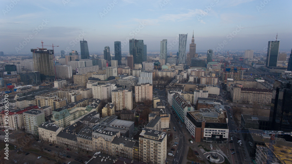 Warsaw Poland .04. December. 2018. skyline with urban skyscrapers at sunset. Midtown skyline at sunset with skyscrapers and urban cityscape.