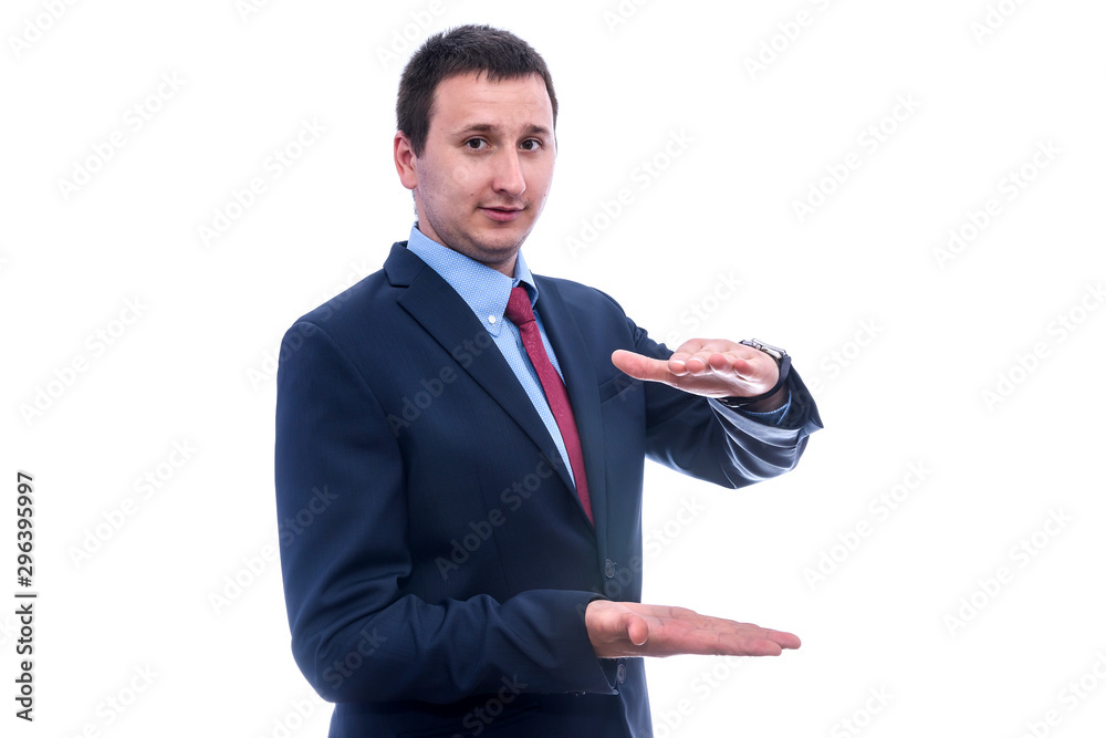 Young man in suit gesturing isolated on white