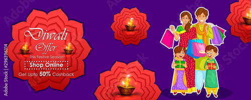 Indian Family celebrating Diwali light festival of India banner background for Sale and Promotion advertisement in vector