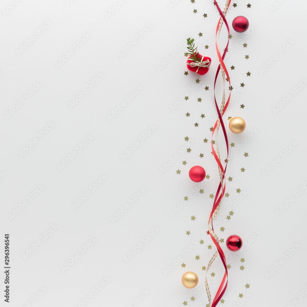 Christmas composition. Gift bauble star ribbon top view background with copy space for your text. Flat lay. Christmas composition. Gift bauble star ribbon top view background with copy space for your text. Flat lay.