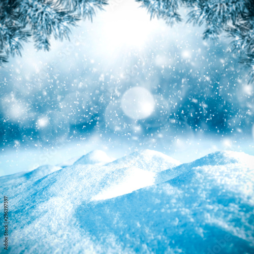 Table background of free space and winter landscape with snowflakes.  © magdal3na
