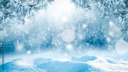 Table background of free space and winter landscape with snowflakes.  © magdal3na