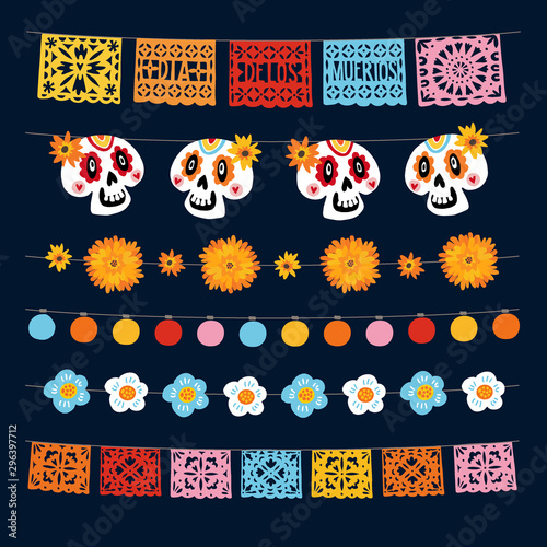 Set of Dia de los Muertos, Mexican Day of the Dead garlands with lights, bunting flags, papel picado, marigold and ornamental skulls. Collection of Halloween garden party decorations. Isolated vectors