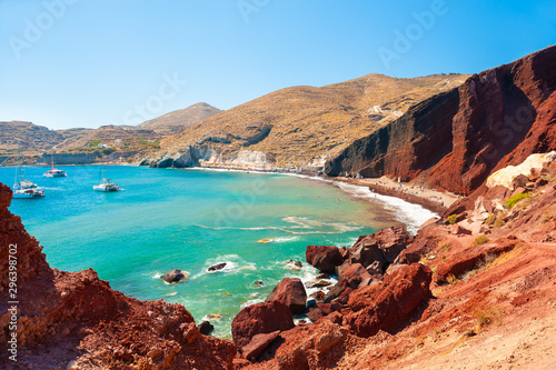 Red beach on Santorini island, Greece. Summer landscape, sea view. Famous tourist destination photo