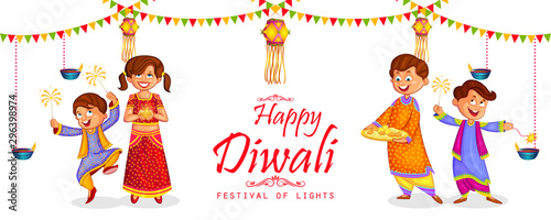 Indian kids enjoying firecracker celebrating Diwali light festival of India in vector
