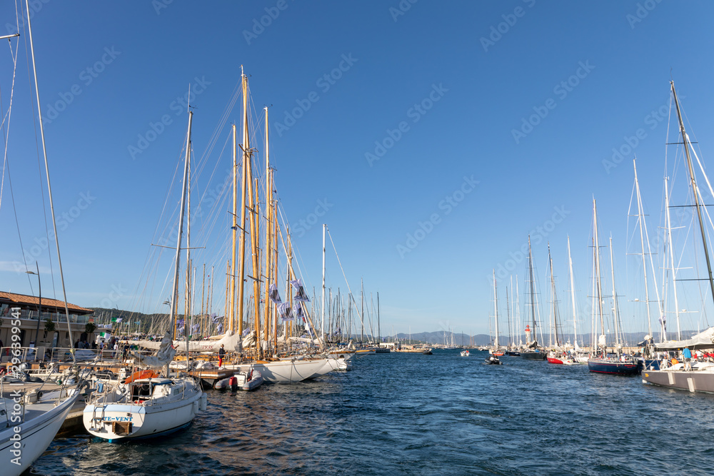 05 OCT 2019 - Saint-Tropez, Var, France - Sailboats in the harbor during the 2019 edition of 'Les Voiles de Saint-Tropez' regatta