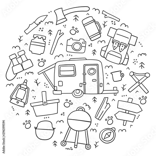 Camping doodle set. Camping and hiking elements outline. Hand drawn vector illustration in doodle style. Comfortable transport. Camping concept, road trip, van life movement, travel items. - Vector
