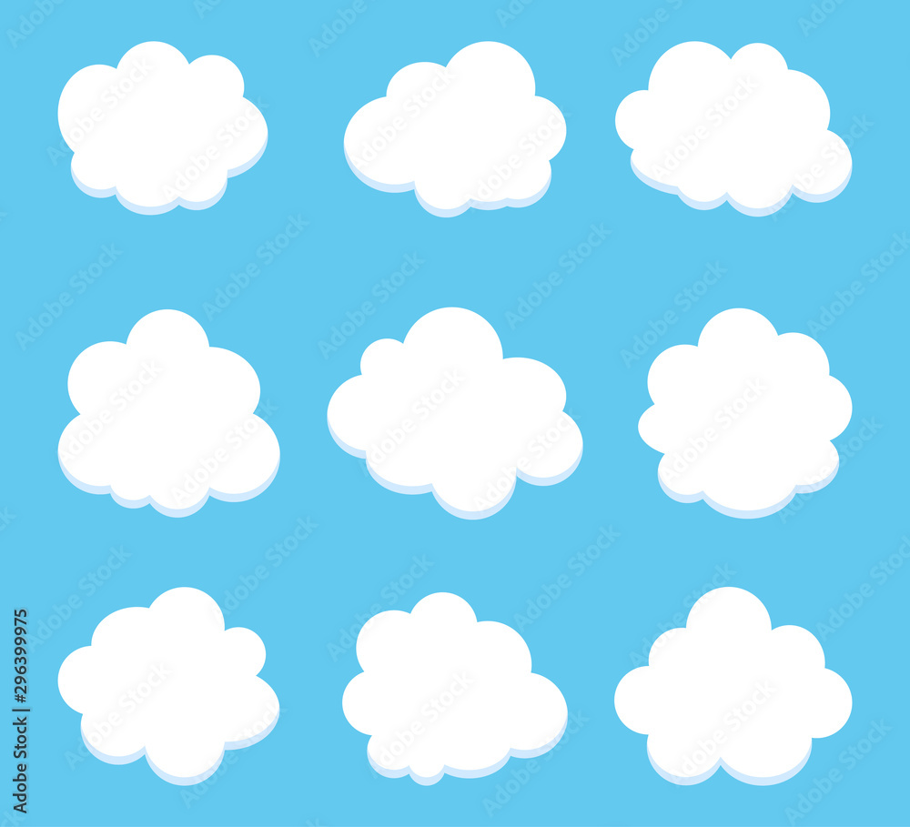 Set of cloud icons on a blue background. Cloud icons in a flat design. Collection of cloud icons