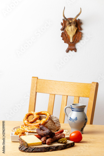 german sausages with cheese and beer photo