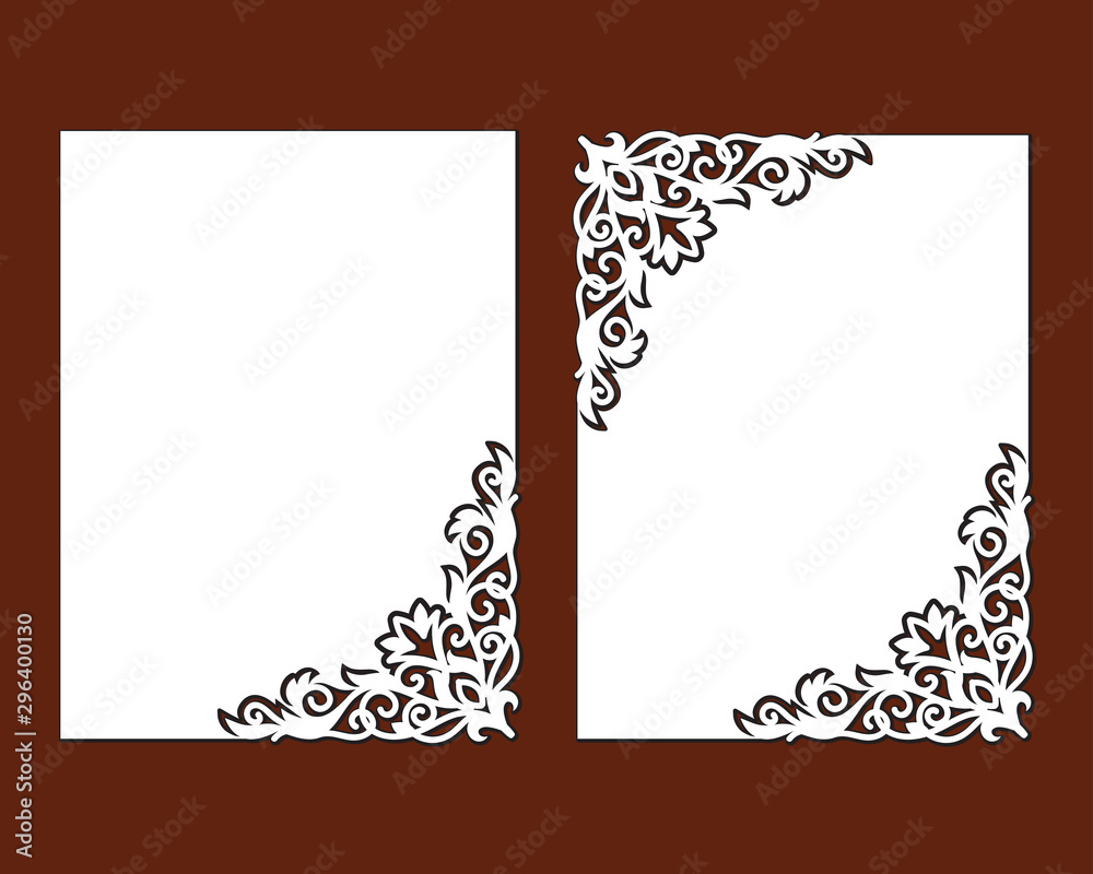 Vecteur Stock Set of wedding invitation card with lace angular vintage style frame. Laser cut template of openwork vector silhouette. For envelope with ornate floral ornament. Decorative design pattern for holiday. Vecteur Stock Set of wedding invitation card with lace angular vintage style frame. Laser cut template of openwork vector silhouette. For envelope with ornate floral ornament. Decorative design pattern for holiday.
