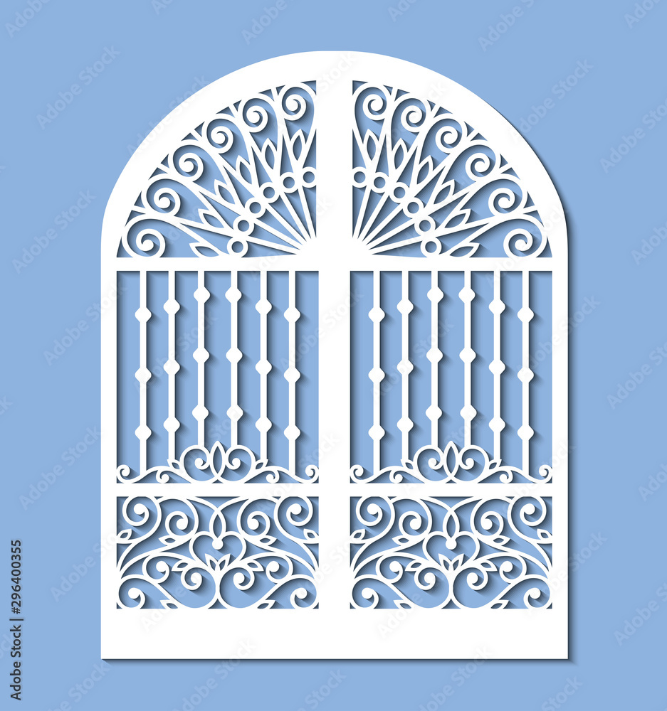 Laser cut template of metal gate with forged ornament and decorative grid.  Steel sliding door with lace pattern at vintage style. Openwork vector  silhouette. Iron fence isolated on blue background. Stock Vector