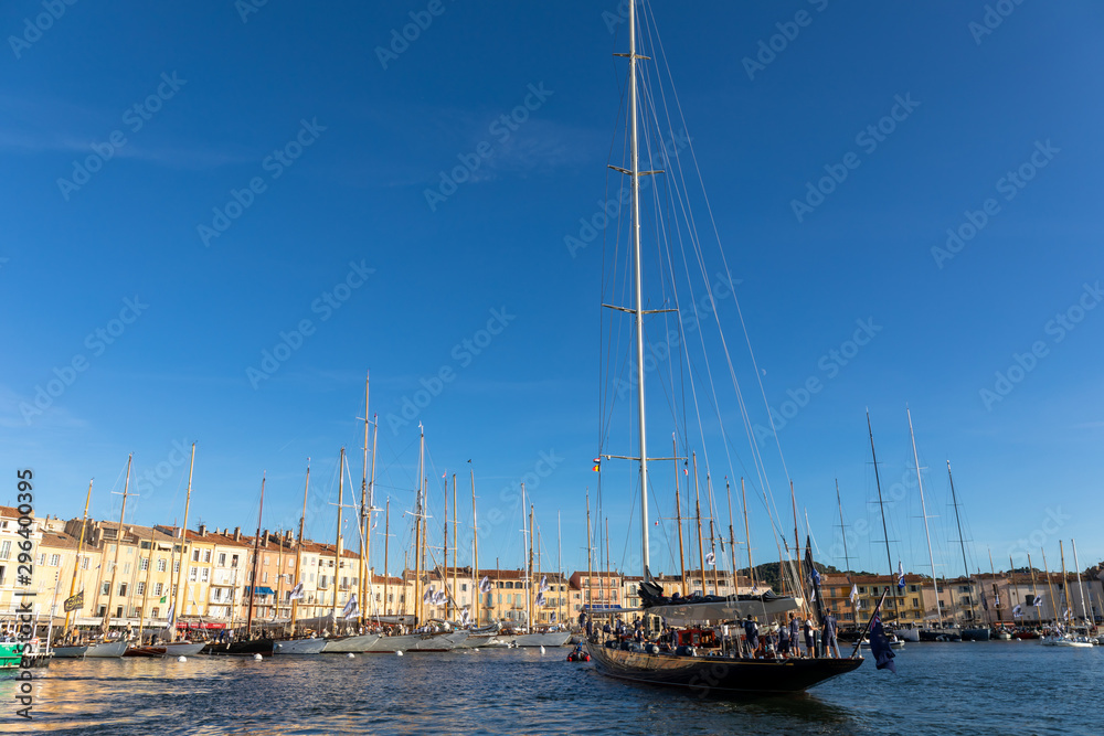 05 OCT 2019 - Saint-Tropez, Var, France - Sailboats in the port during the 2019 edition of 'Les Voiles de Saint-Tropez' regatta