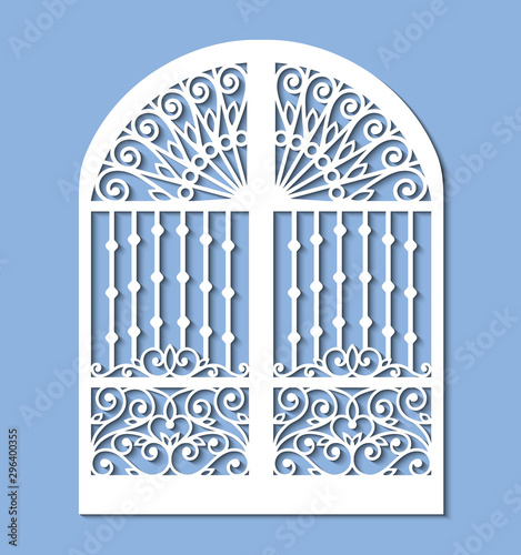 Laser cut template of metal gate with forged ornament and decorative grid. Steel sliding door with lace pattern at vintage style. Openwork vector silhouette. Iron fence isolated on blue background.