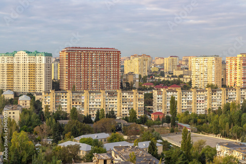 Residential areas with high-rise buildings lit by the morning sun