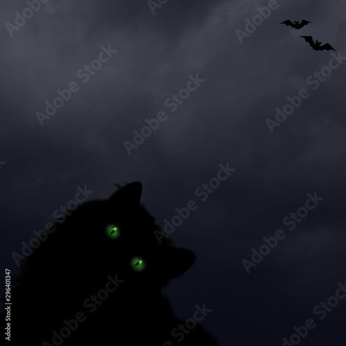Fototapeta Naklejka Na Ścianę i Meble -  Halloween horizontal background with black cat with green eyes, silhouettes of bats. Mixed media.