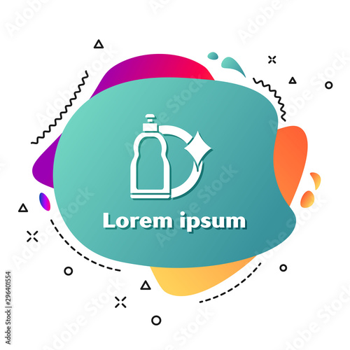 White Plastic bottle for liquid laundry detergent, bleach, dishwashing liquid or another cleaning agent icon isolated on white background. Abstract banner with liquid shapes. Vector Illustration