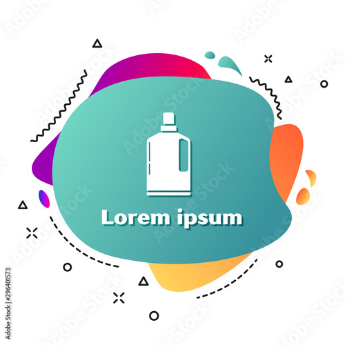 White Plastic bottle for liquid laundry detergent, bleach, dishwashing liquid or another cleaning agent icon isolated on white background. Abstract banner with liquid shapes. Vector Illustration