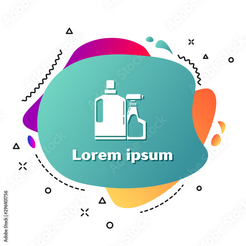 White Plastic bottles for liquid laundry detergent, bleach, dishwashing liquid or another cleaning agent icon isolated on white background. Abstract banner with liquid shapes. Vector Illustration