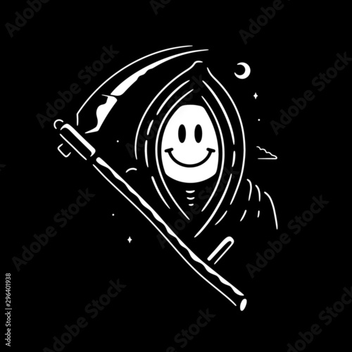 HAPPY GRIM REAPER WHITE BLACK BACKGROUND