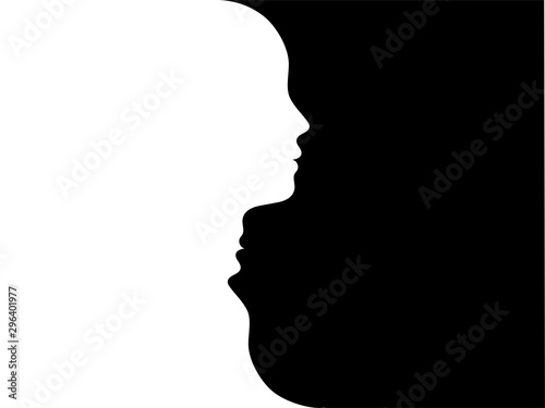 Double face. Metaphor bipolar disorder mind mental. Split personality. Mood disorder. Dual personality concept. 2 heads black white silhouettes photo