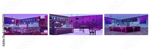 Cafe interior at night flat vector illustrations set. Modern coffee shop equipment. Cartoon chairs and tables in spacious hall with panoramic windows and cityscape. Stylish coffeehouse furniture