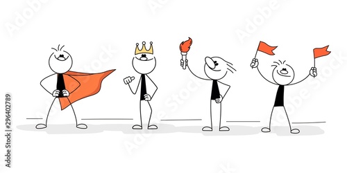 Doodle stick figure: Sketch set of working leader. Doodle cute concept about about power. Hand drawn cartoon vector illustration for business design.