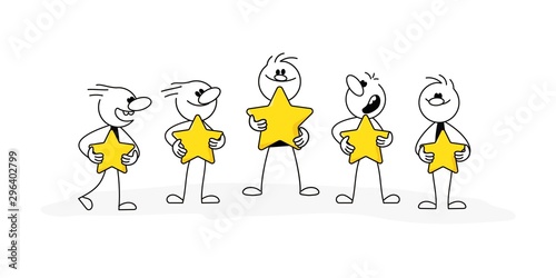 Doodle stick figure: Happy people holding five golden stars. Cute illustration about the product quality. Vector.