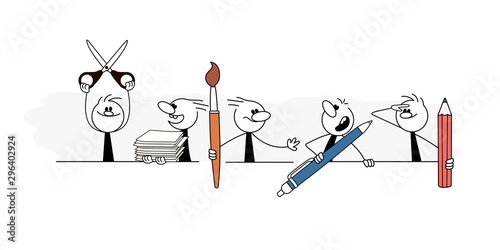 Doodle stick figure: Little people with pencil, paint brush, paper and scissors. Hand drawn cartoon vector illustration for business and school design.