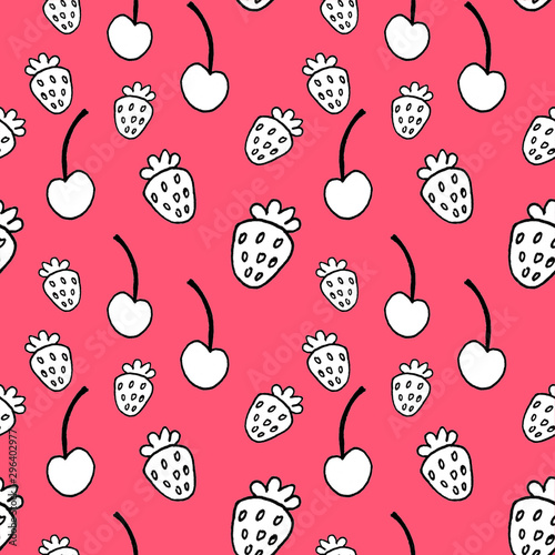 Pattern with white hand-drawn scetches of cherries and strawberries, on a pink background. photo