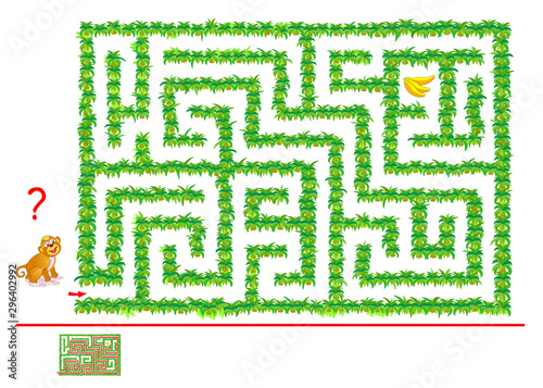 Logical puzzle game with labyrinth for children and adults. Help the monkey find way in jungle till bananas. Printable worksheet with maze for kids brain teaser book. IQ test. Vector cartoon image.