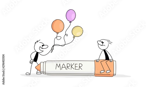 Doodle cute miniature scenes of people with marker and balloons. Hand drawn cartoon vector illustration for business and school design.