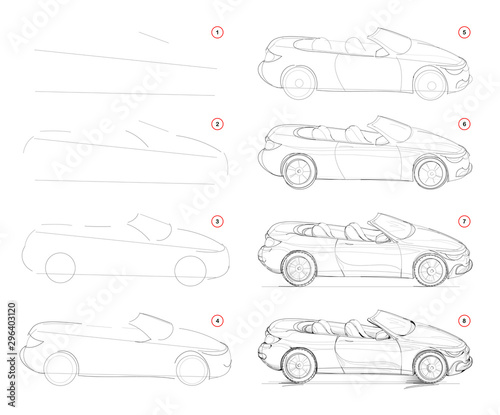 How to draw step-wise imaginary fashionable convertible car. Creation step by step pencil drawing. Educational page. School textbook for developing artistic skills. Hand-drawn vector image. photo