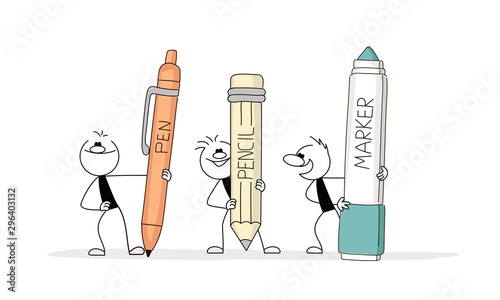 Office supplies set with people. Doodle cute miniature scenes of workers with stationery. Hand drawn cartoon vector illustration for business and school design.