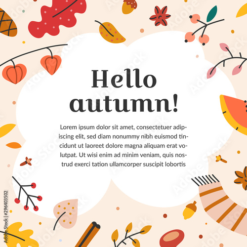 Seasonal autumn template with background with seasonal leaves. Place for your text. Vector backdrop.