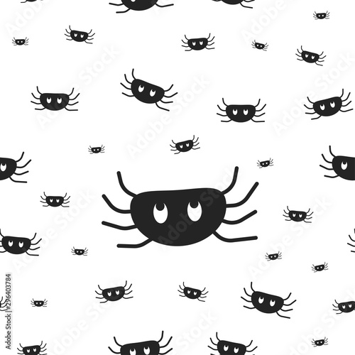 Spiders wrapping paper seamless pattern for Halloween greeting card. Simple paper cute spider texture, horror symbol, black vector illustration on white background.
