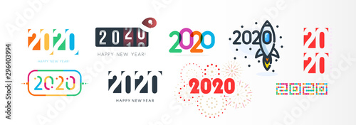 New Year diverse unusual sign set for 2020 event decoration, logo graphic, creative emblem concept for banner, brochure, flyer, calendar, greeting card, event invitation. Isolated vector logotype.