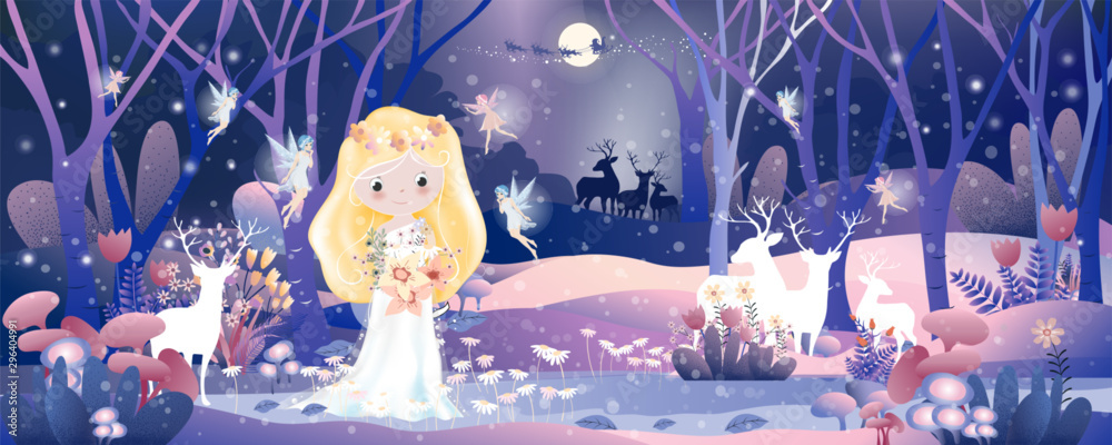 Landscape winter wonderland with Cute princess in magic forest with little fairys flying around.